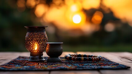 Sunset scene with candle, bowl, and beads.
