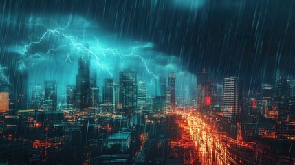 Fototapeta premium Cityscape During Storm with Lightning Strikes and Heavy Rain