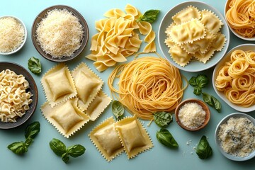 An overhead flat lay photograph captures diverse Italian cuisine and drinks, such as spaghetti marinara, mushroom pappardelle, seafood pasta, wine, tomato sauce, and Parmesan, in a visually appealing