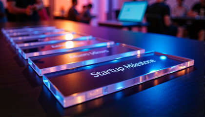 Startup milestone plaques illuminated on a modern table