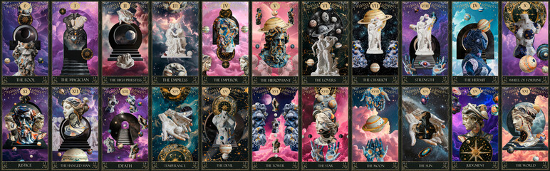 Fototapeta premium modern vintage style deck of tarot cards. magical predictions of the future, mysterious characters. AI generated 