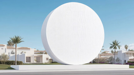 Modern White Disc Sculpture in Suburban Setting: Blank Canvas for Advertisement