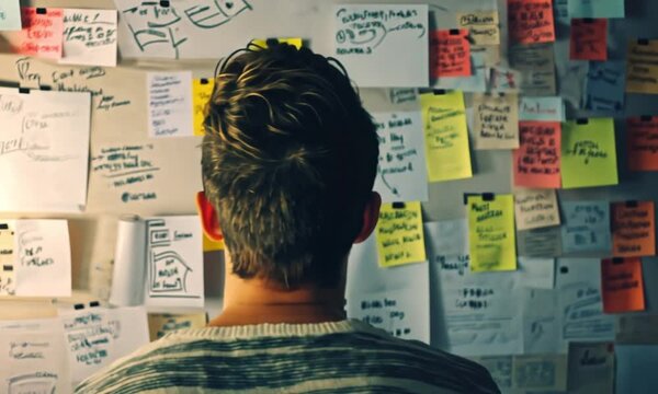 Person reviewing numerous notes and ideas pinned to a wall