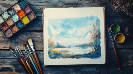 Watercolor Landscape Still Life: A serene watercolor painting of a tranquil lakeside scene rests on a weathered wooden table, surrounded by an artist's essential tools: paintbrushes.