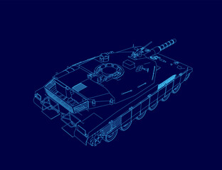 Blue drawing of a tank with a blue outline. The tank is shown in a blue color