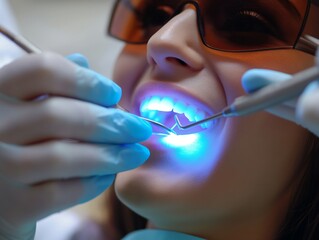 Cosmetic dentist performing teeth whitening treatment, bright smile transformation