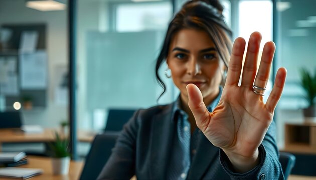 HR professional raising hand to stop workplace harassment and misconduct behavior