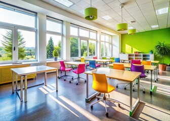 Modern Classroom Interior Design: Bright, Spacious Learning Environment with Copy Space