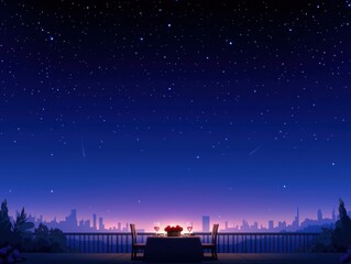 Fototapeta premium Romantic dinner under starry sky city rooftop digital art nighttime panoramic view love and serenity