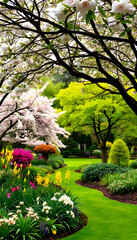 Obraz premium Beautiful Garden with blooming trees during spring time, Wales, UK, banner size, Dreamy, with white tones