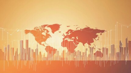 Abstract World Map Overlaid on City Skyline with Data Visualization Graphics in Warm Tones Ideal for Business, Technology, and Finance Concepts Representing Growth and Analysis