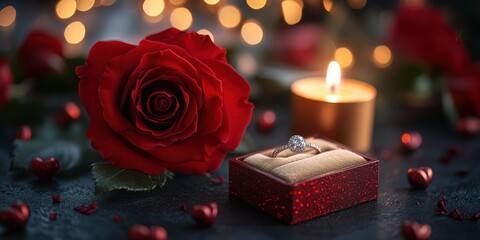 Romantic Valentine's Proposal Setting with Candle, Rose, and Engagement Ring