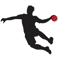 Obraz premium Handball player in action vector illustration isolated on white. Elegant body sport figure. Dynamic athlete boy jump and shooting penalty in goal. Sport man handball attack target shut in jump.