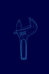 Blue wrench is shown in a stylized way. The wrench is the main focus of the image, and it is a 3D rendering of a tool