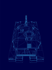 Blue drawing of a tank. The tank is shown in a 3D format, with a blue background. The tank is shown from the side, with the front of the tank visible