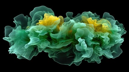 Bright, colorful smoke clouds in green and yellow tones, swirling and mixing on a dark background for a striking visual