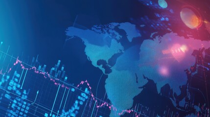 Abstract Global Business Background with Digital World Map and Financial Graphs in Vibrant Colors Representing Technology, Data, and Communication Trends