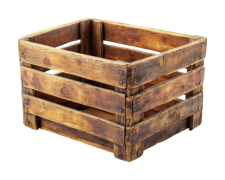 Rustic wooden crate basket display on high fidelity minimalist style isolated on transparent background png