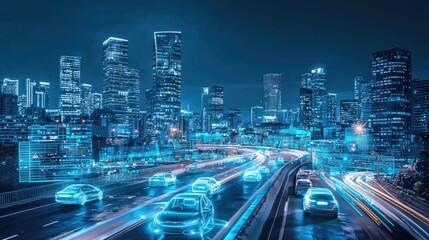 Obraz premium Futuristic Cityscape Autonomous Vehicles on a Highway at Night