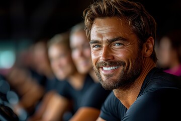 Fototapeta premium A dynamic crowd cycling on stationary bikes at a gym