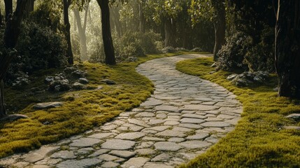Naklejka premium Serene Stone Pathway Winding Through a Lush Forest, A Peaceful Escape in Nature's Embrace