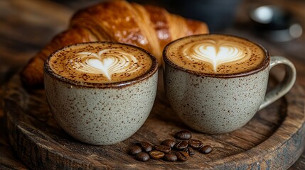 A café-style setup featuring a cup of coffee and a croissant on a table, suitable for breakfast and casual dining concepts
