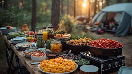 Fototapeta premium A campsite table equipped with a diverse array of cooking tools