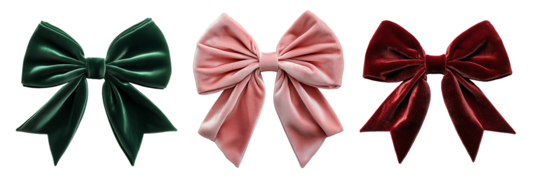 PNG Cut out red, green, pink velvet ribbon bow isolated on empty transparent background top view. Christmas holiday, birthday, valentine day, 14 February gift decor. New Year and Merry Christmas.