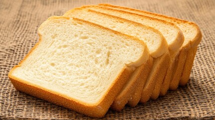 Close-up of bread slices with a soft texture and golden-brown crust, artfully arranged on a rustic cloth