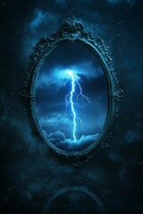 Fototapeta premium Ornate mirror reflects storm with dramatic lightning strikes.