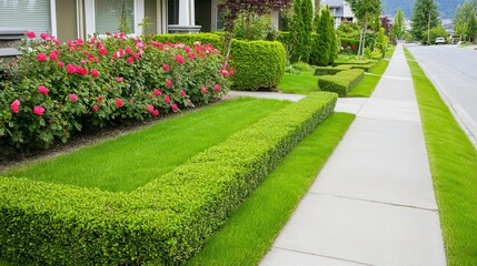 Obraz premium A Stunning Front Yard Landscaping Design with Lush Green Hedges and Vibrant Roses. A Perfect Example of Curb Appeal and Home Exterior Aesthetics.