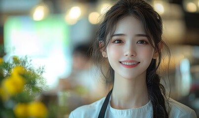 Obraz premium An image of an Asian woman waiter tending to a customer's food and drink orders in a restaurant