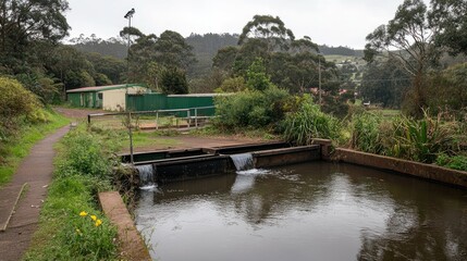 Obraz premium Small water channel with low dam and building in background, green vegetation surrounds the area.
