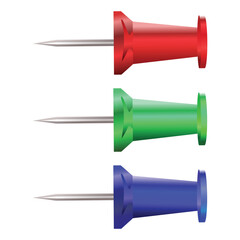 Realistic red, green and blue thumbtack pin isolated on white background. Vector illustration ready to use for your design