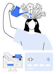 Woman watering flowers growing from her head, symbolizing creativity. Includes email marketing tools, digital growth, and NFC payment card. Ideal for innovation, learning, growth, technology