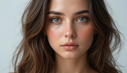 Obraz premium Stunning Portrait of a Young Woman with Long Brown Hair and Striking Green Eyes, a Beauty Shot for Skincare or Cosmetics.