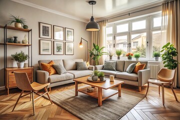 Fototapeta premium Modern Scandinavian Japandi Living Room Interior Design - Vintage Style Stock Photo