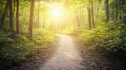 Fototapeta premium Sunlight Illuminating a Serene Forest Path, a Pathway Through Lush Green Trees, a Tranquil Escape into Nature's Embrace