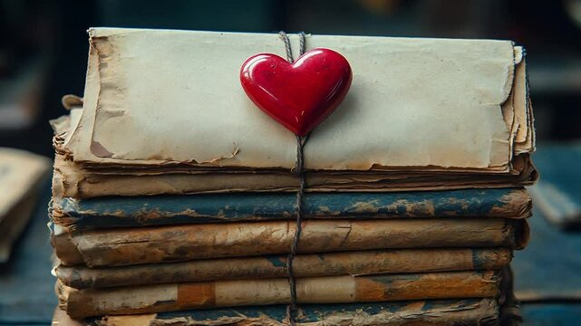 Stack of Old Books Tied with Red Heart