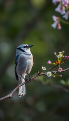 Blue Jay on branch with spring flowers in background, smooth light, with white tones