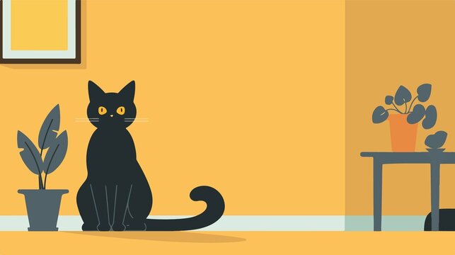 Black Domestic House Cat Sitting Flat Vector Icon