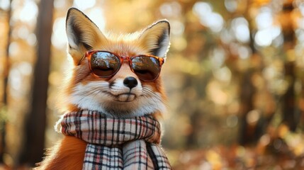 Cool fox wearing sunglasses and a scarf enjoying a sunny autumn day in the forest. Generative AI