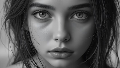 Fototapeta premium Stunning Close-Up Portrait of a Woman with Deeply Expressive Eyes and Lush, Dark Hair, Digitally Rendered in Monochrome