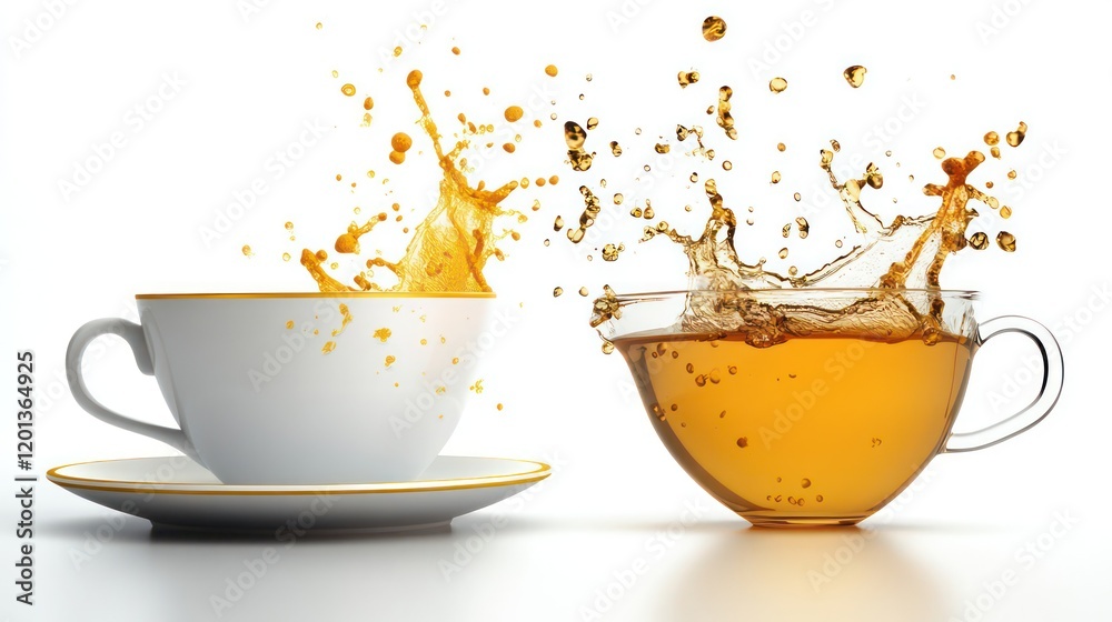 Poster cups of tea creating splashes on a white background generative ai