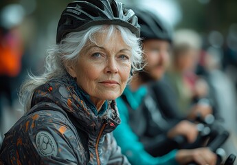 Obraz premium Seniors join fitness enthusiasts in gym spinning classes, where they cycle, exercise, and train. The workout club is a place for men and women to enhance their health, wellness, and endurance through