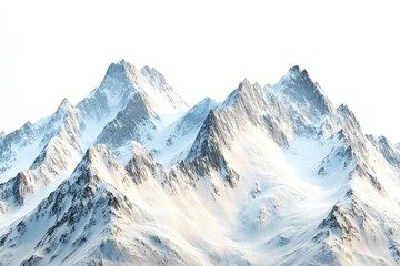 Obraz premium Snowy alpine peaks under soft lighting with a white background, ideal for winter travel, adventure, and wilderness campaigns, emphasizing pristine nature and beauty..