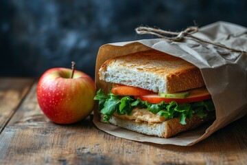 Fresh sandwich and apple in a brown paper bag on a wooden table for a healthy lunch