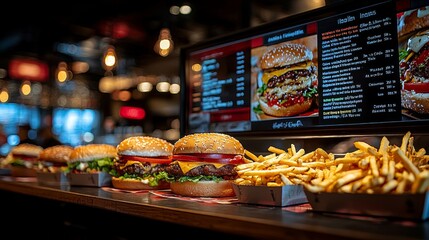 A modern fast food restaurant features a clean counter adorned with burger and fry images. Customers queue up or seat themselves at tables, with a clean, digital menu displayed