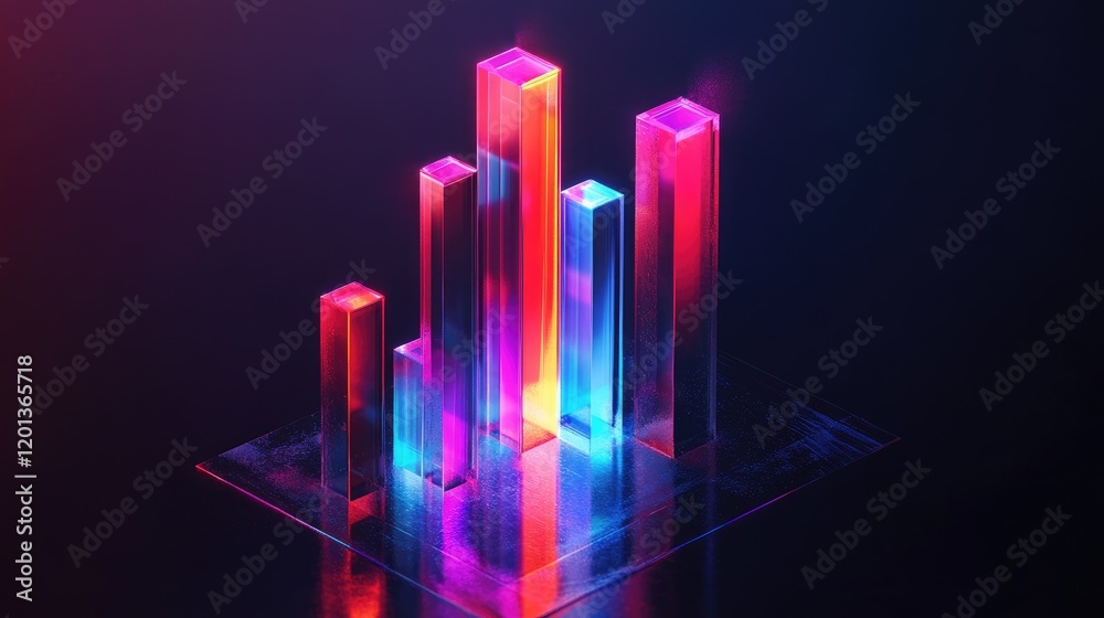 Poster isometric stacked bar graph in bright colors with a reflective base, representing data analysis and 