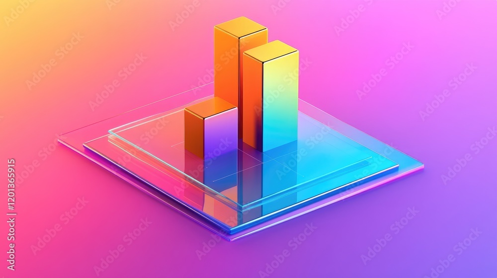 Poster isometric stacked bar graph in bright colors with a reflective base, representing data analysis and 